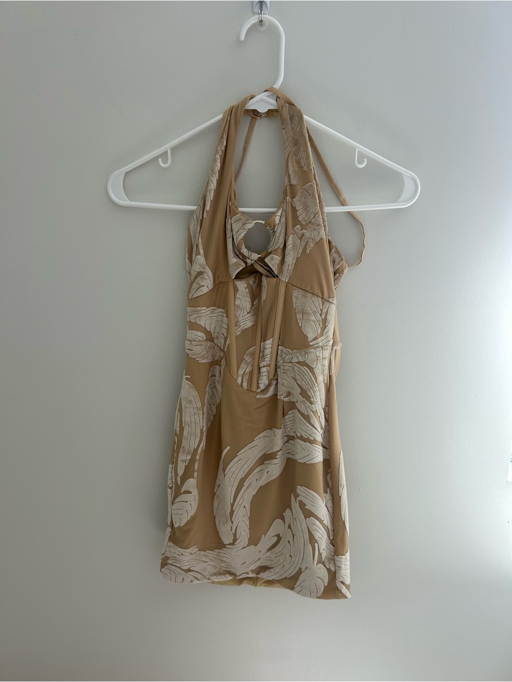 Beige Halter Mini Dress with Ring Detail